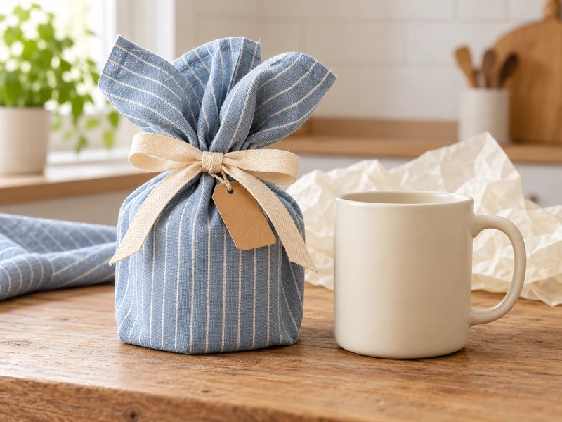 A cream mug beside a mug gift wrapped in a blue striped tea towel