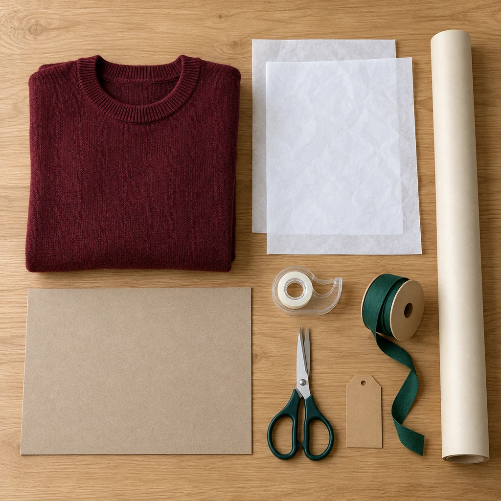 Sweater tissue chipboard wrapping paper tape scissors ribbon and blank tag