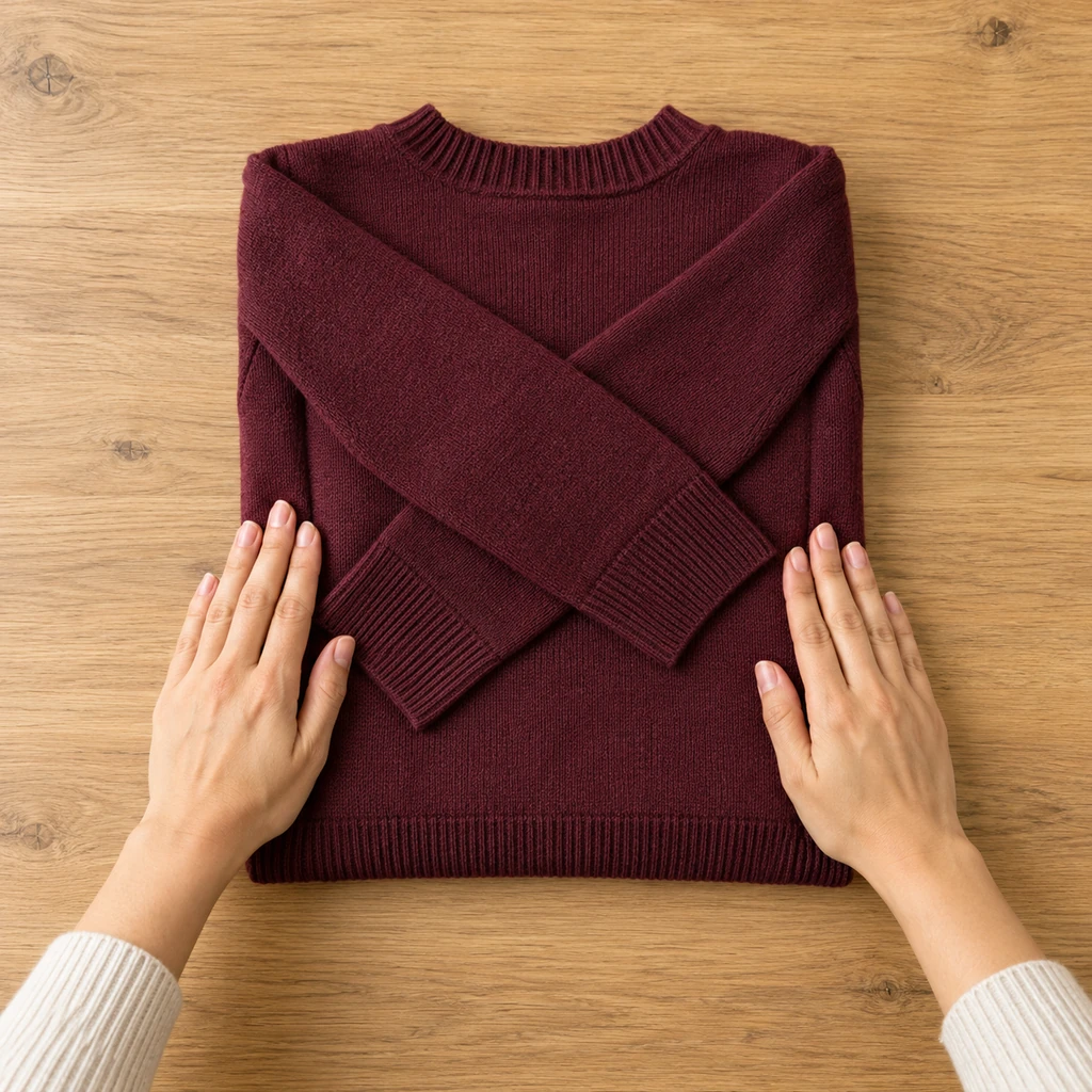 Burgundy sweater folded into a compact rectangle with sleeves crossed flat