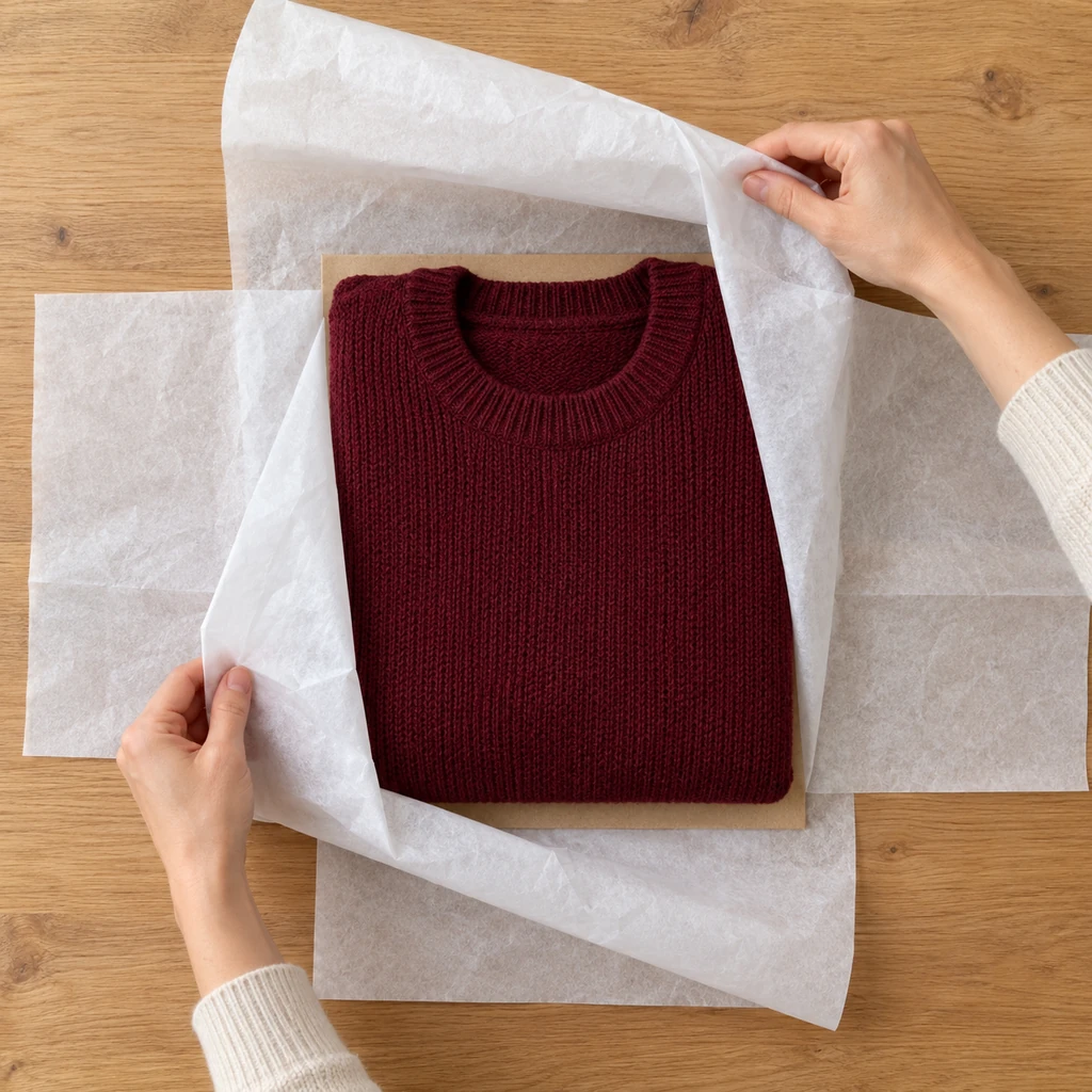 Folded burgundy sweater on chipboard being enclosed in two tissue sheets