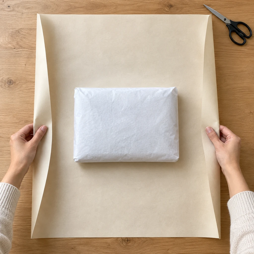 Tissue-wrapped sweater parcel centered on a large sheet of cream wrapping paper