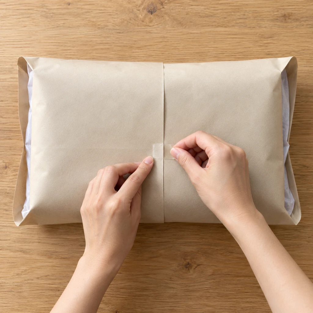 Hands taping the snug center seam of a cream paper sweater parcel