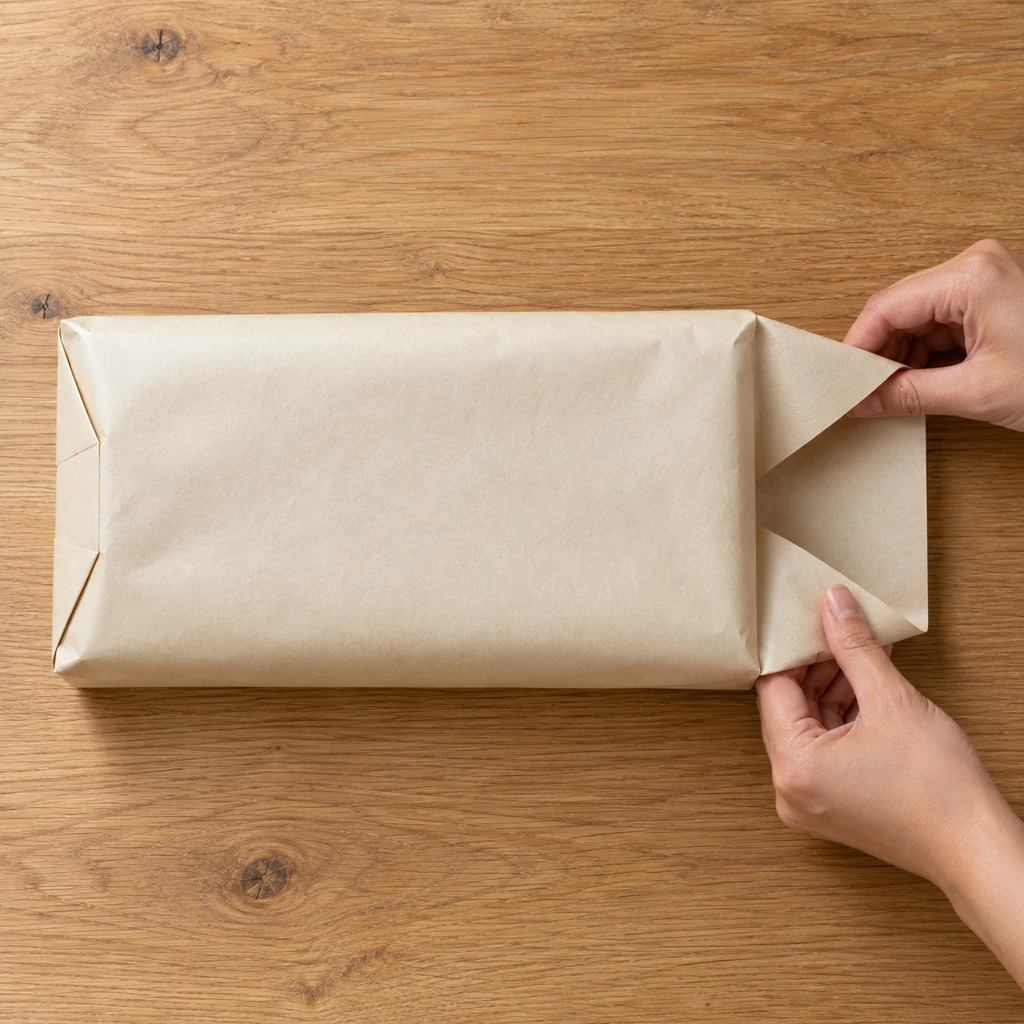 Hands forming crisp triangular end flaps on a sweater gift without a box