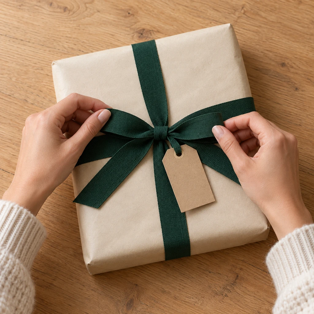 Hands finishing a box-free sweater gift with green ribbon and a blank kraft tag