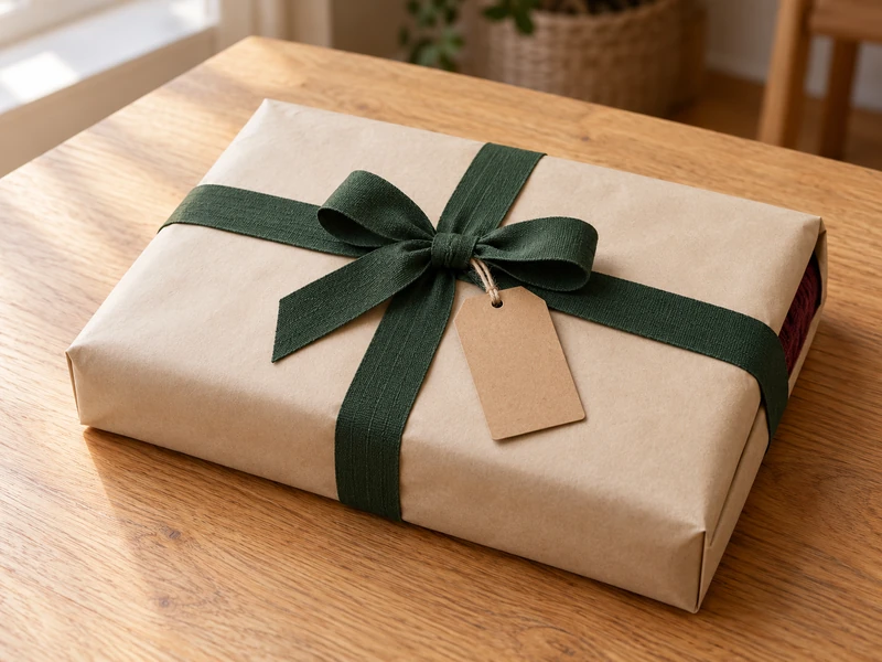 Finished sweater gift wrapped without a box in cream paper and green ribbon
