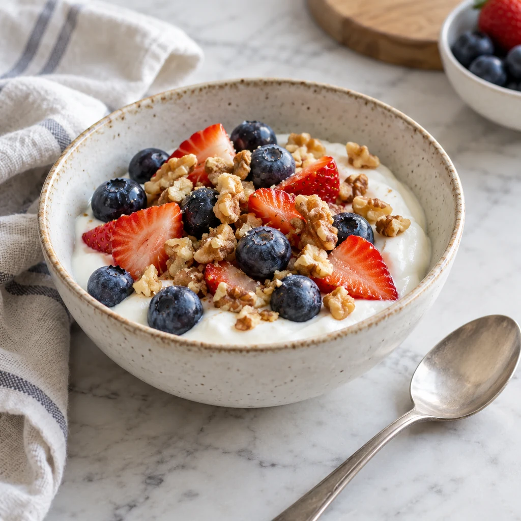 Plain yogurt topped with strawberries, blueberries, and walnuts