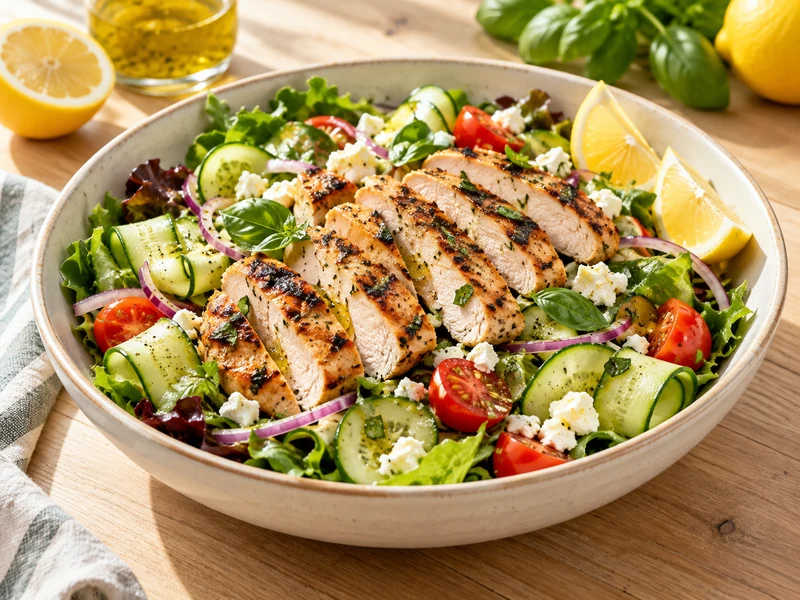 Zesty lemon basil chicken salad with grilled chicken, vegetables and feta