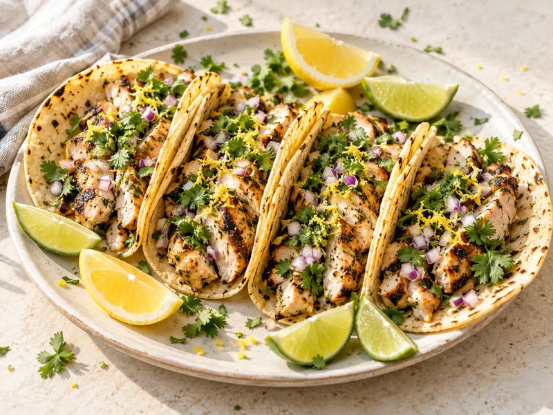 Zesty lemon garlic grilled chicken tacos with red onion, cilantro, lemon and lime