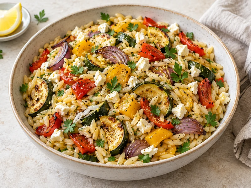 Zesty lemon orzo with roasted zucchini, peppers, red onion, parsley and feta
