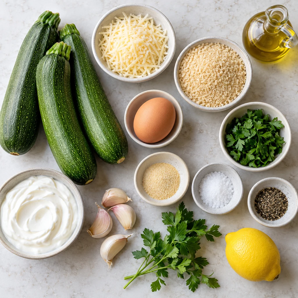 Zucchini, Parmesan, breadcrumbs, egg, parsley, Greek yogurt, garlic, lemon and seasonings arranged for the recipe