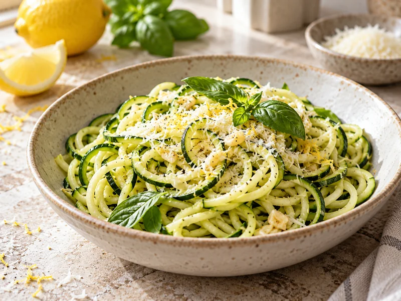 Zucchini noodles with garlic, lemon zest, Parmesan and basil in a ceramic bowl
