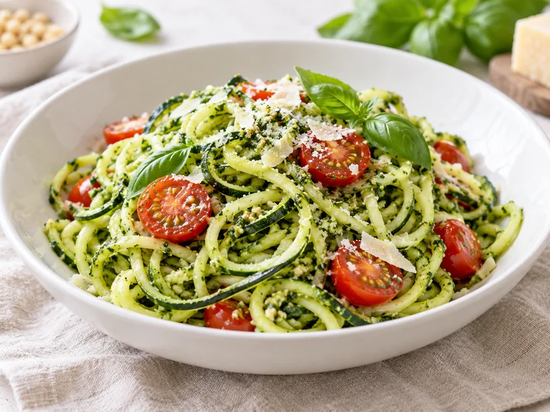 Finished basil pesto zucchini noodles with halved cherry tomatoes and Parmesan