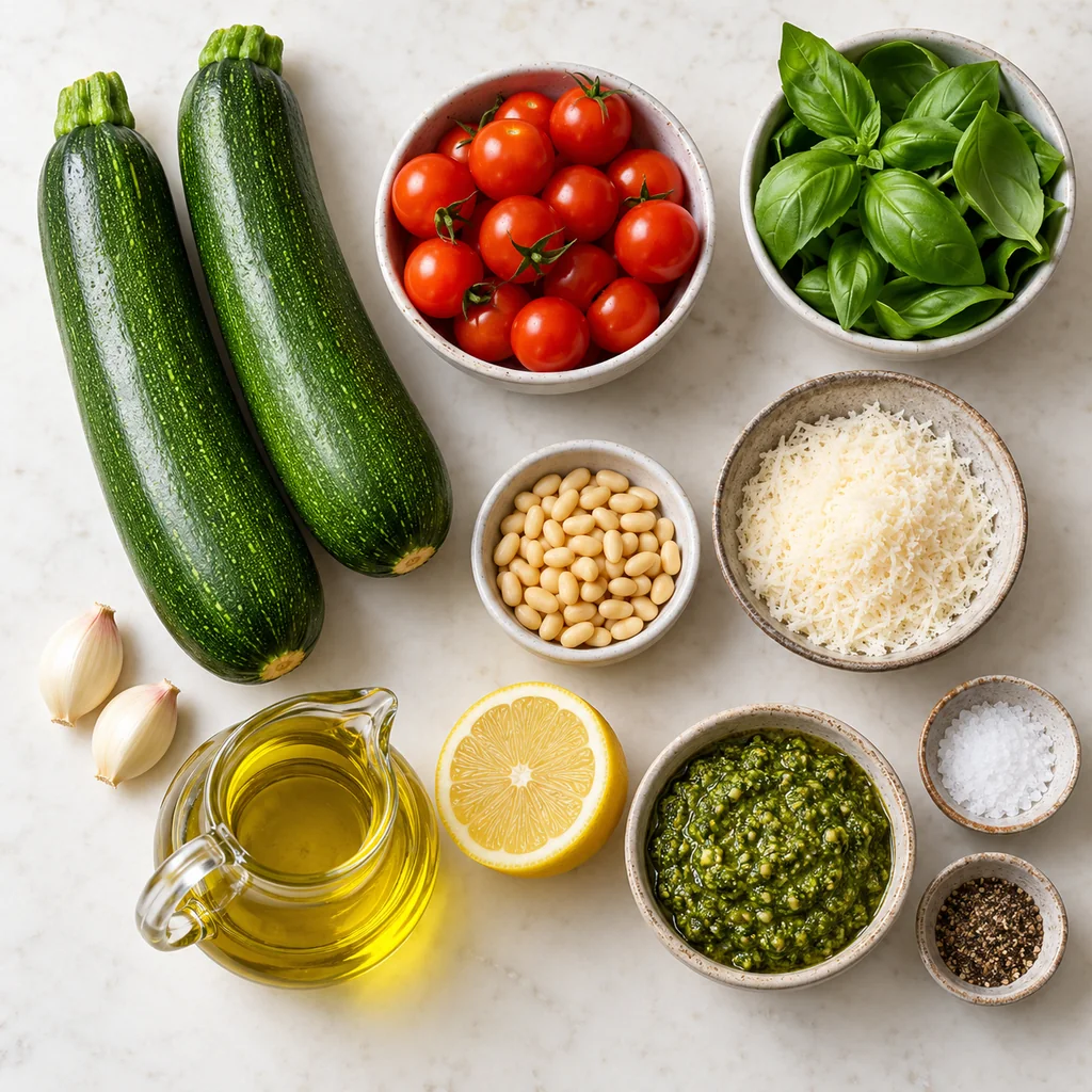 Zucchini, cherry tomatoes, basil, pine nuts, Parmesan, garlic, olive oil, lemon and pesto ingredients