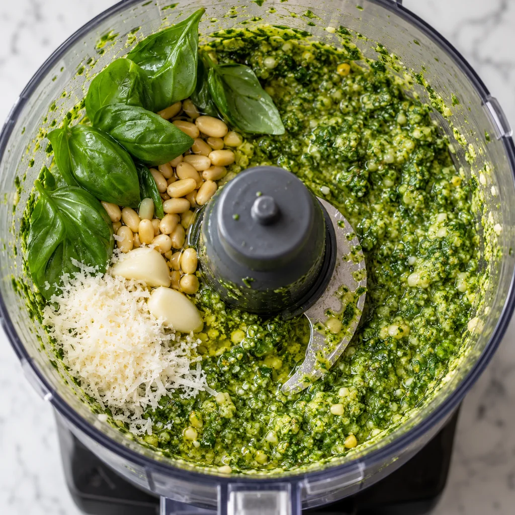 Basil, pine nuts, Parmesan, garlic and olive oil blended into green pesto in a food processor
