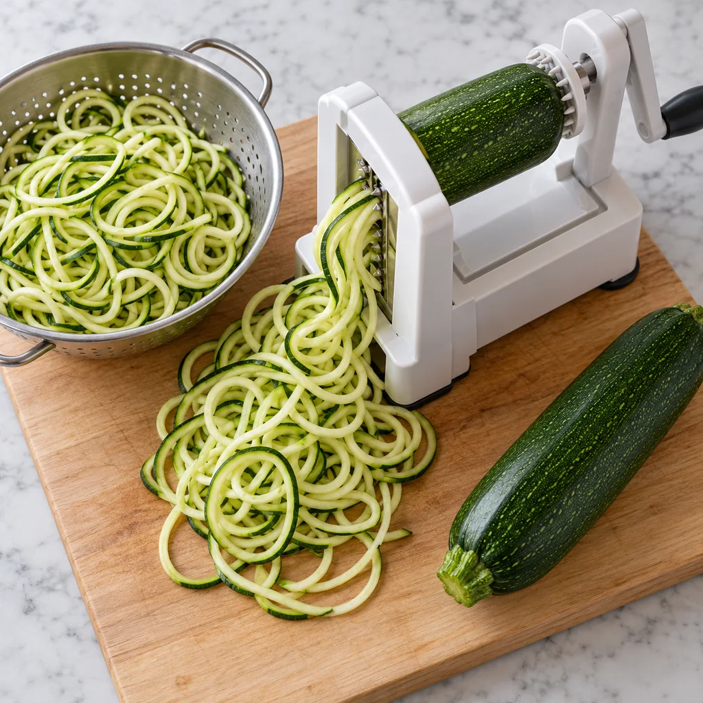 Fresh zucchini being spiralized into raw green-edged noodles beside a colander