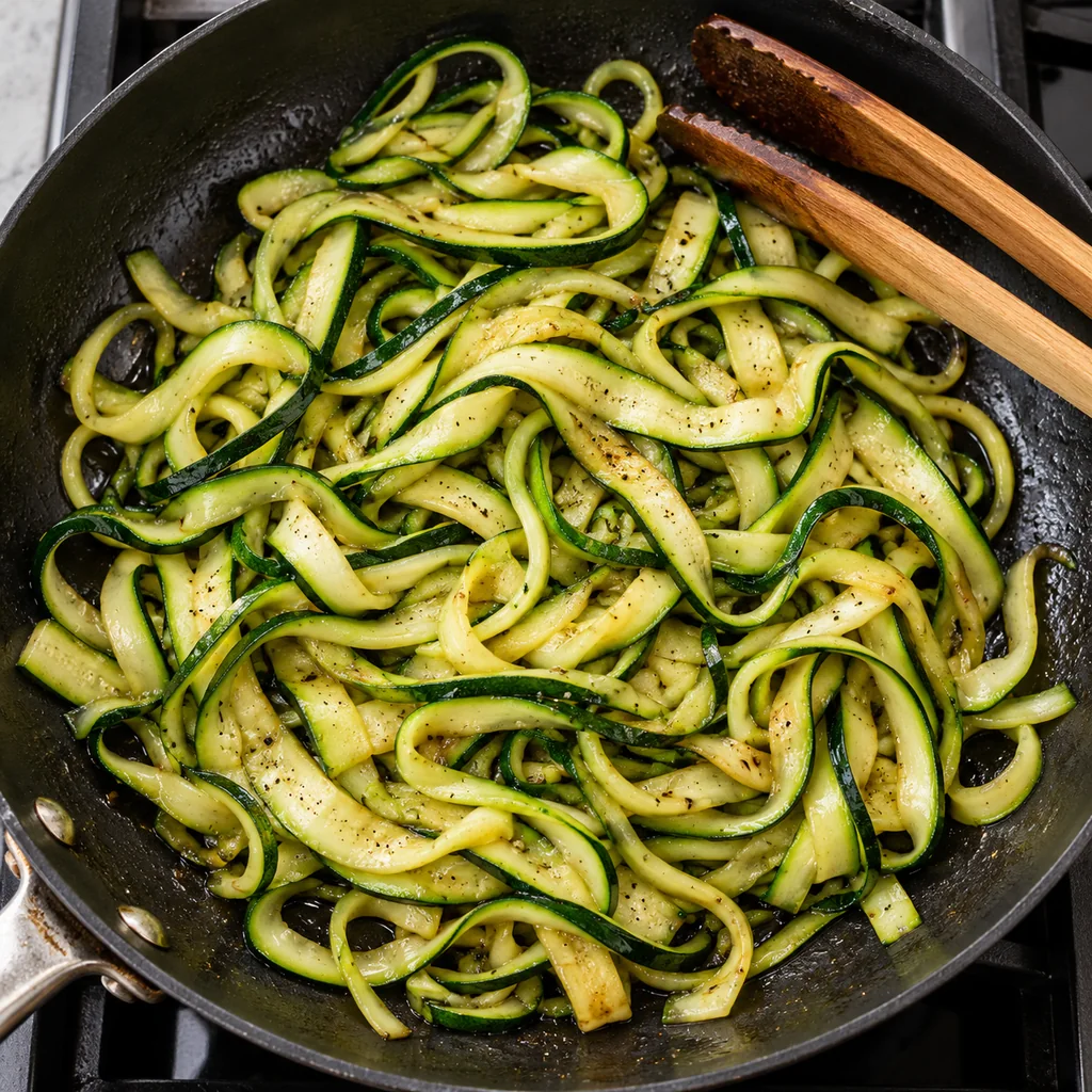 Green-edged zucchini noodles briefly sautéing in a lightly oiled skillet without sauce