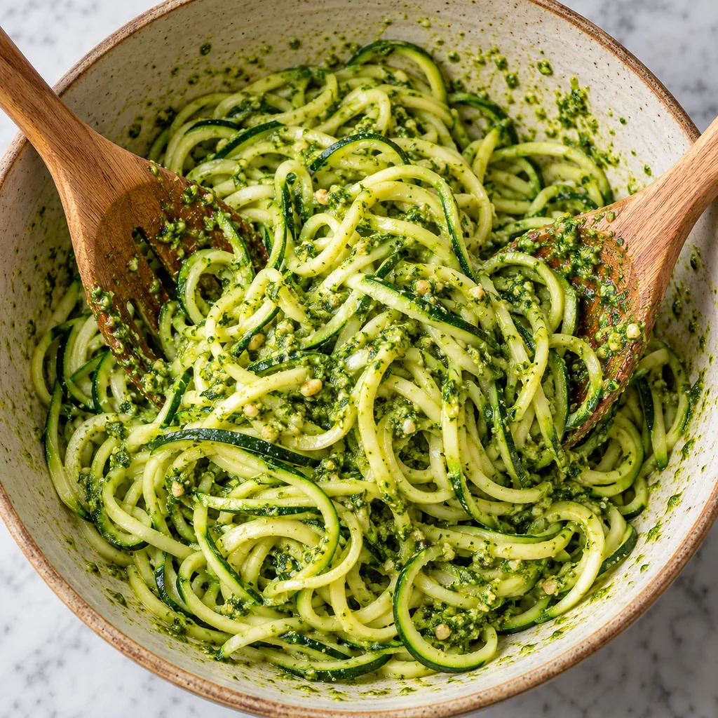Warm zucchini noodle spirals being tossed with bright green basil pesto in a bowl