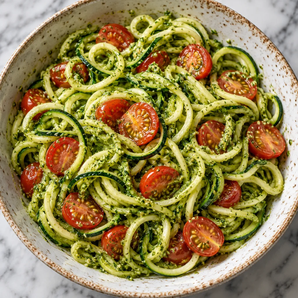 Halved cherry tomatoes folded into basil pesto-coated zucchini noodles before final garnish