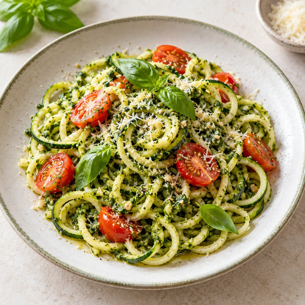 Finished zucchini noodles with basil pesto, halved cherry tomatoes, fresh basil and Parmesan